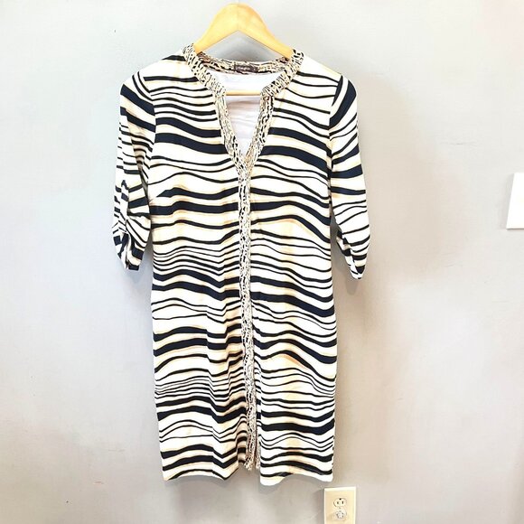 J. McLaughlin Womens Striped Dress With Embellished Neckline & 3/4 Sleeves - Siz - Picture 1 of 6